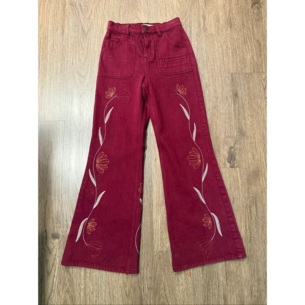 SEVENTY + MOCHI Floral Queenie High-Rise Wide-Leg Jeans in Burgundy Size 26 NWT - Picture 2 of 6